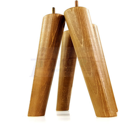 4 Solid Wood Turned Furniture Legs Replacement Mid Century Angled Retro Feet 220mm High M8 Dark Oak Stain