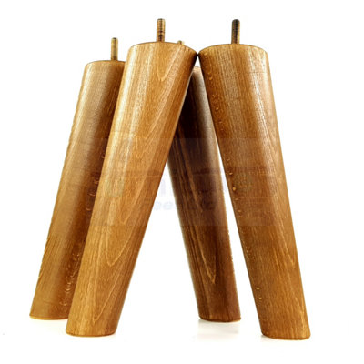 4 Solid Wood Turned Furniture Legs Replacement Mid Century Angled Retro Feet 220mm High M8 Dark Oak Stain