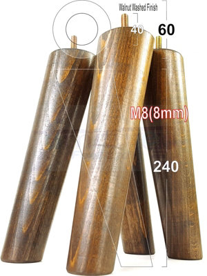 4 Solid Wood Turned Furniture Legs Replacement Mid Century Angled Retro Feet 240mm High M8 Dark Walnut Washed