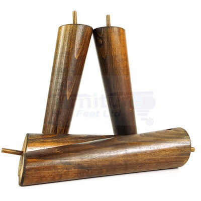 4 Solid Wood Turned Furniture Legs Replacement Mid Century Angled Retro Feet 240mm High M8 Dark Walnut Washed