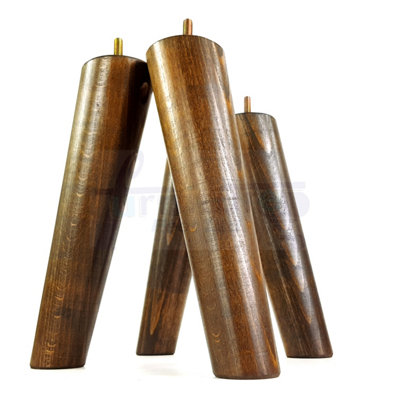 4 Solid Wood Turned Furniture Legs Replacement Mid Century Angled Retro Feet 240mm High M8 Dark Walnut Washed