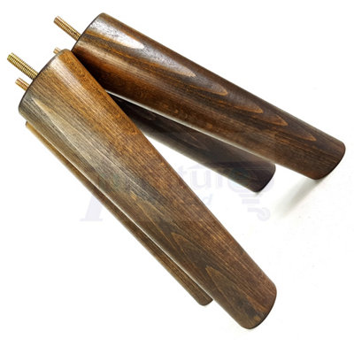4 Solid Wood Turned Furniture Legs Replacement Mid Century Angled Retro Feet 240mm High M8 Dark Walnut Washed