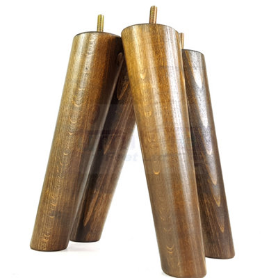 4 Solid Wood Turned Furniture Legs Replacement Mid Century Angled Retro Feet 240mm High M8 Dark Walnut Washed