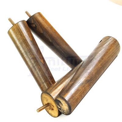 4 Solid Wood Turned Furniture Legs Replacement Mid Century Angled Retro Feet 240mm High M8 Dark Walnut Washed