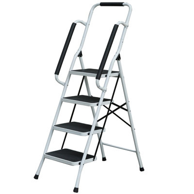 4 Step Ladder Folding Stool Non Slip Tread Steel Foldable Home DIY With Handrail