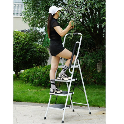 4 Step Ladder Folding Stool Non Slip Tread Steel Foldable Home DIY With Handrail