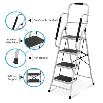 4 Step Ladder Folding Stool Non Slip Tread Steel Foldable Home DIY With Handrail - 7