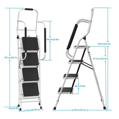 4 Step Ladder Folding Stool Non Slip Tread Steel Foldable Home DIY With Handrail - 8