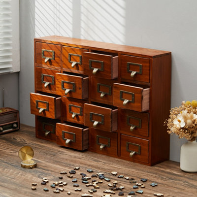 4 Tier 16 Drawer Brown Retro Wooden Tabletop Pull Out Storage Organizer