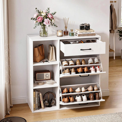 4 Tier Adjustable Flip-Down Shoe Storage Cabinet With Drawer