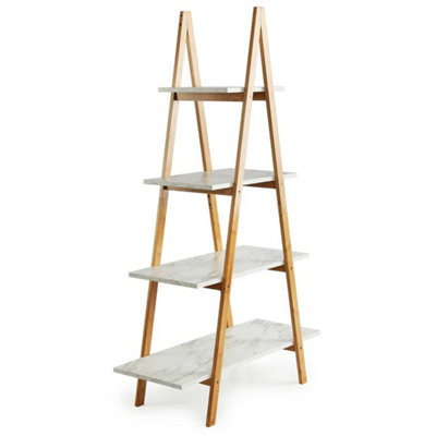 4-Tier Bamboo Ladder Shelf Marble Display Bookcase