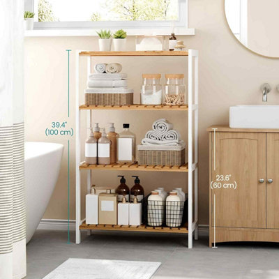 4 Tier Bamboo Storage Shelf, Freestanding Shelving Unit for Bathroom, Kitchen, Hallway or Living Room, White and Natural