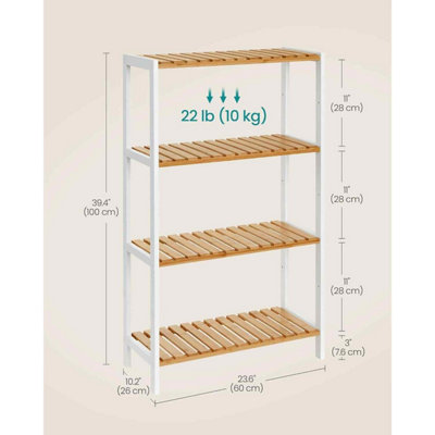 4 Tier Bamboo Storage Shelf, Freestanding Shelving Unit for Bathroom, Kitchen, Hallway or Living Room, White and Natural
