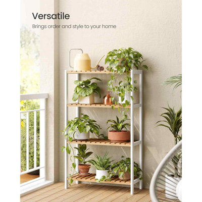4 Tier Bamboo Storage Shelf, Freestanding Shelving Unit for Bathroom, Kitchen, Hallway or Living Room, White and Natural