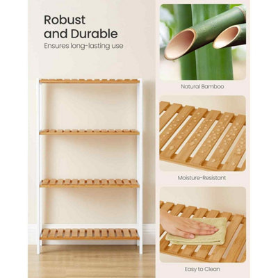4 Tier Bamboo Storage Shelf, Freestanding Shelving Unit for Bathroom, Kitchen, Hallway or Living Room, White and Natural