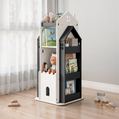 4-Tier Black and White Wooden Castle Kids Rotating Bookcase Bookshelf