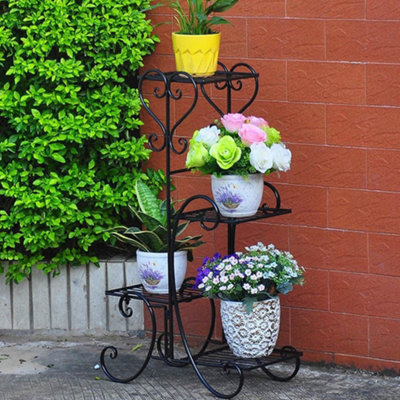 4 Tier Black Elegant Sturdy Metal Planter Rack for Indoor and Outdoor