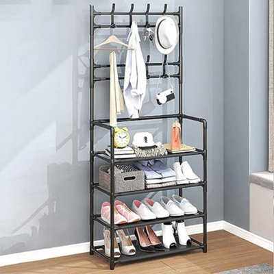 Tier Black Entryway Shoe Rack with Coat Hanger 158cm