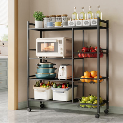 4-Tier Black Metal Kitchen Microwave Storage Rack with Wheels and