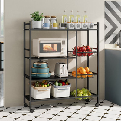 4-Tier Black Metal Kitchen Microwave Storage Rack with Wheels and 3 ...