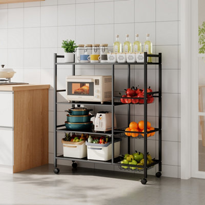 4-Tier Black Metal Kitchen Microwave Storage Rack with Wheels and 3 ...