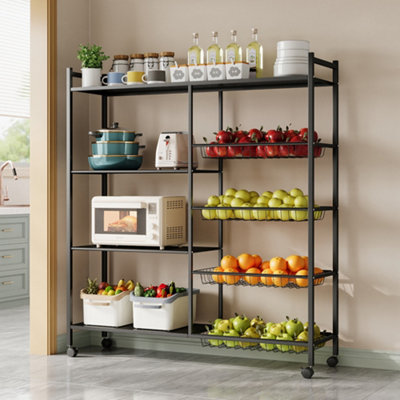 4-Tier Black Metal Kitchen Microwave Storage Rack with Wheels and 4 ...