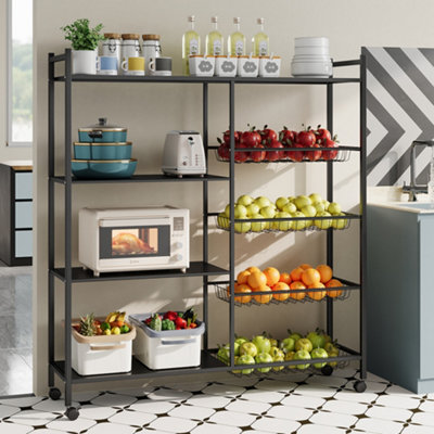 4-Tier Black Metal Kitchen Microwave Storage Rack with Wheels and 4 ...
