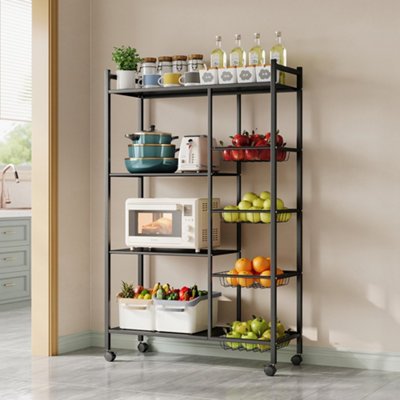 4-Tier Black Metal Kitchen Microwave Storage Rack with Wheels and