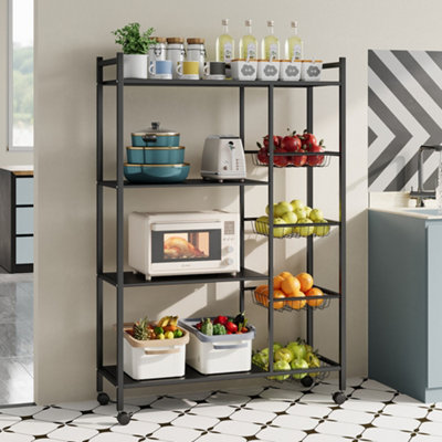 4-Tier Black Metal Kitchen Microwave Storage Rack with Wheels and 4 ...