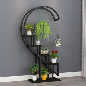 4 Tier Black Plant Stand Metal Heart Shape with Hanging Hooks for Patio Garden Corner