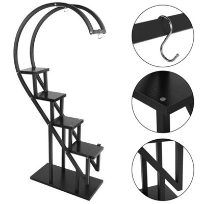 4 Tier Black Plant Stand Metal Heart Shape with Hanging Hooks for Patio Garden Corner