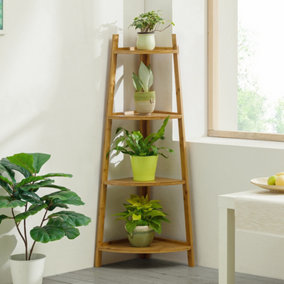 4 Tier Brown Modern Corner Ladder Shelf Plant Display Stand 115 cm