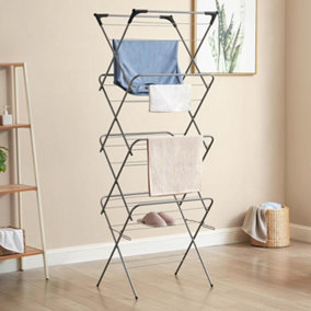 4 Tier Clothes Airer Folding Dryer Laundry Drying with 20m Washing Line Rack - Grey