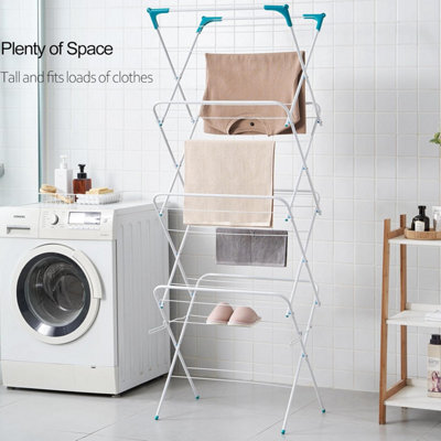 4 Tier Clothes Airer Folding Dryer Laundry Drying with 20m Washing Line Rack - White