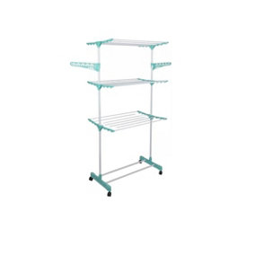 4 Tier Clothes Drying Rack Airer Foldable Adjustable Powder Coated Frame Wheel with Two Side Wings Dryer Racks & Shoe Stand Blue