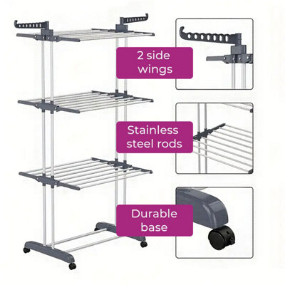 4 Tier Clothes Horse Drying Rack Folding Side Wings Rail Stainless ...