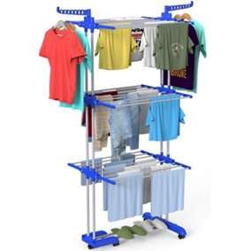 4-Tier Collapsible Large Space Stainless Steel Clothes Drying Rack with Casters-Dark Blue