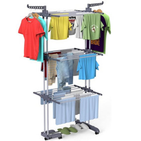 4-Tier Collapsible Large Space Stainless Steel Clothes Drying Rack with Casters-Grey