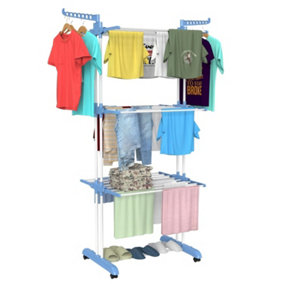 4-Tier Collapsible Large Space Stainless Steel Clothes Drying Rack with Casters-Light Blue