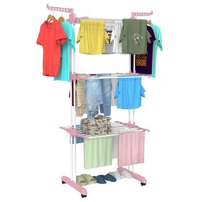 4-Tier Collapsible Large Space Stainless Steel Clothes Drying Rack with Casters-Pink
