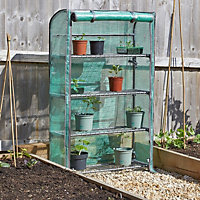 4 Tier Compact GroZone Mini Greenhouse - Growhouse with Steel Frame, PE Cover, Front Zip Up Panel & 4 Shelves - H130 x W80 x D30cm