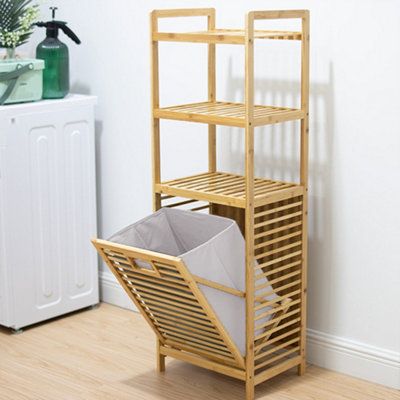 4-Tier Freestanding Bamboo Laundry Hamper Removable Basket Bag