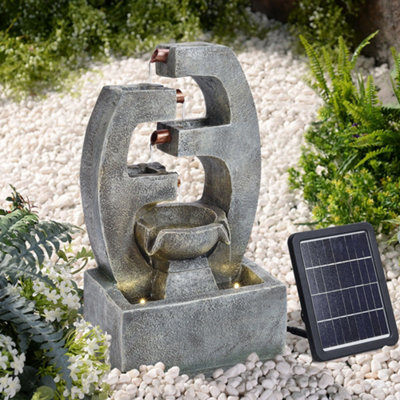 4 Tier Grey Resin Tiered Solar Water Fountain with LED Lights 46 cm