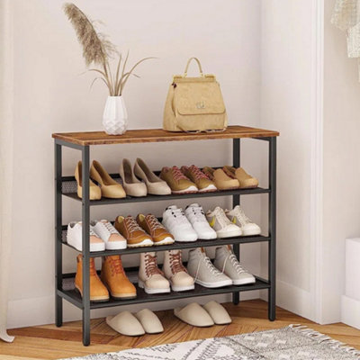 4 Tier Mesh Shoe Rack with Wooden Top and Steel Frame for Entryway