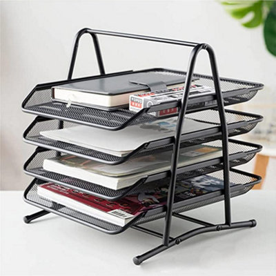 4 Tier Metal Mesh Office File Holder Document Tray Rack Desk Organizer