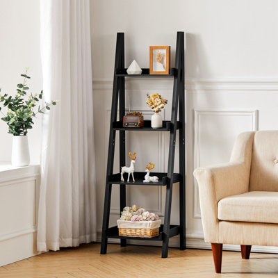 4 Tier Modern Black Wooden Ladder Shelf Plants Stand Bookcase Bookshelf Shelving Unit H 1400 mm