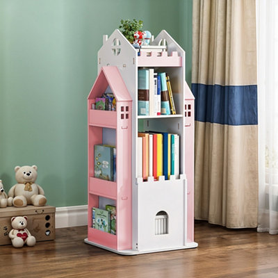 4-Tier Pink Castle Kids Rotating Bookshelf