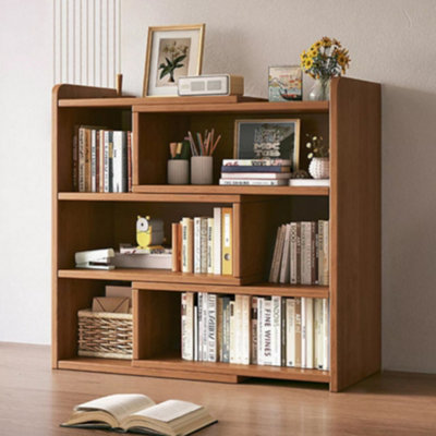 4-Tier Ret retractable Bookcase with Adjustable Width (30-50cm) Space-Saving MDF Corner Display Unit, Brown