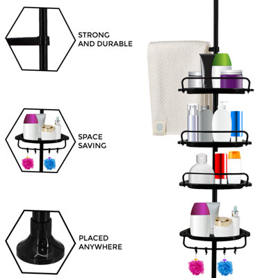 DENNY 4-Tier Telescopic Bathroom Corner Shelf – Black Shower Caddy Storage Rack