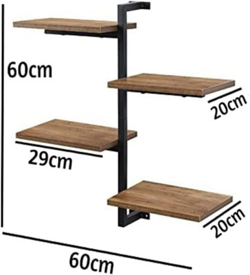4 tier Vertical Black floating decorative hanging shelf with MDF wood rustic shelves and metal wire frame